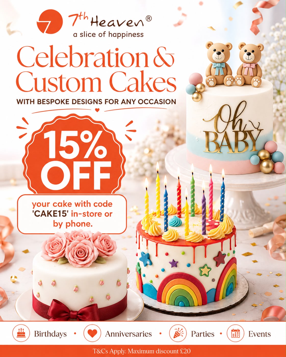 7th Heaven celebration and custom cakes 15% off promotion