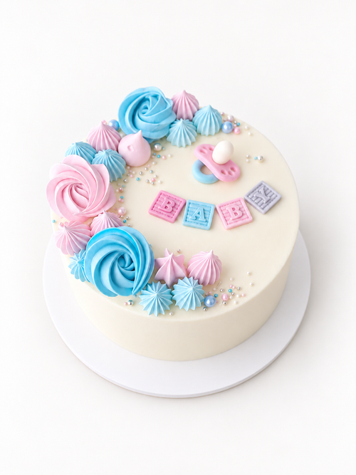 Pink & Blue Rosette Wreath Gender Reveal Cake